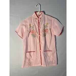 Vintage 60s Plum Blossoms Pink Cheongsam Top Floral Embroidery Women's M-XL?